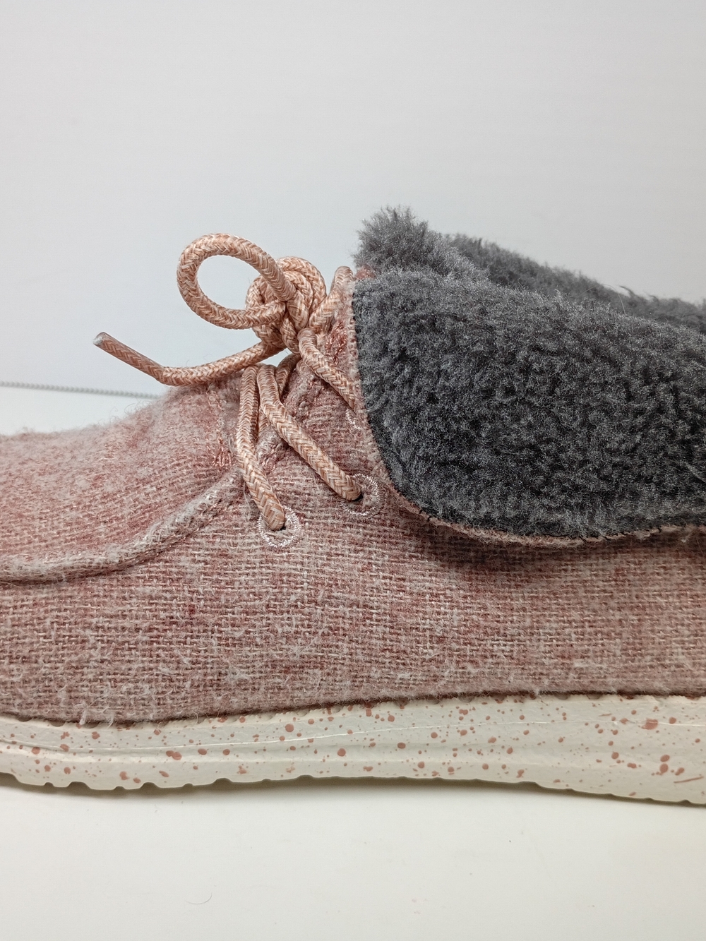 Hey Dude Cozy Pink Women's Lace-Up Moccasin Sneaker with Gray Faux Fur Collar